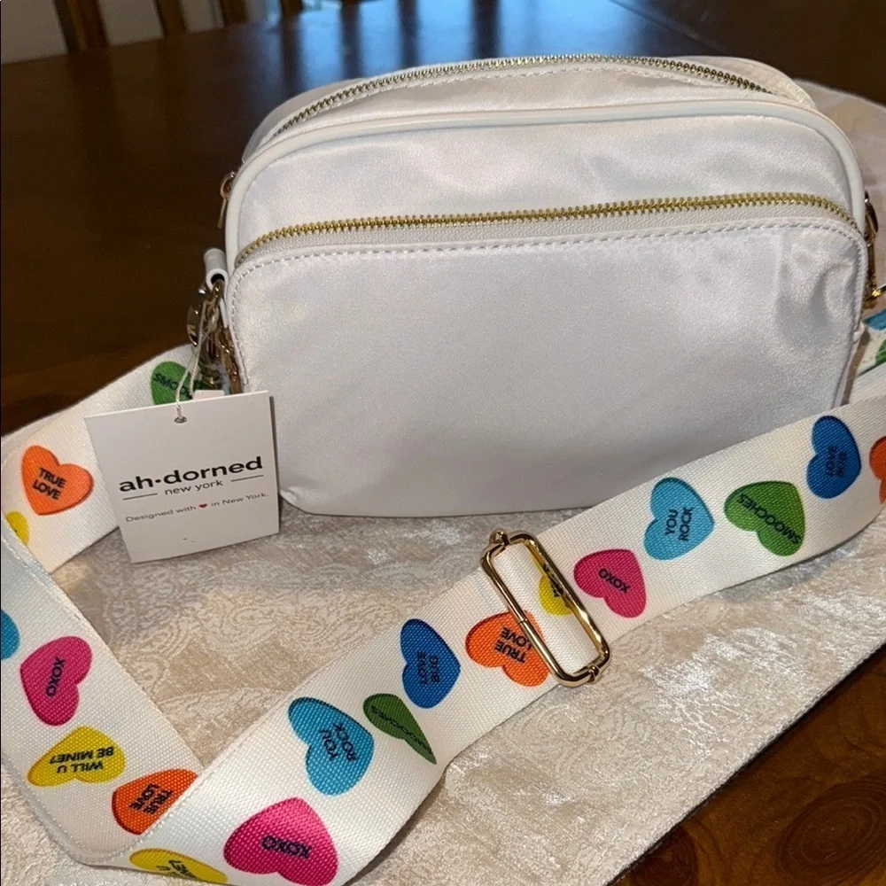 ah-DORNED New York White Small Crossbody Bag Zip Multicolor Heart Strap.